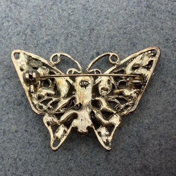 Butterfly Pin Brooch Silver As Is Rhinestone Pink Green Blue Yellow Retro Boho - Picture 5 of 11